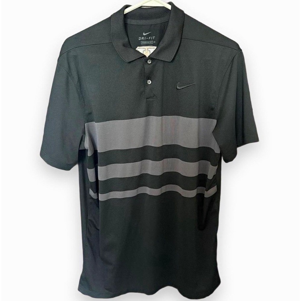 Nike Dri-FIT Standard Fit men's black/gray striped golf polo, 'H' logo, M